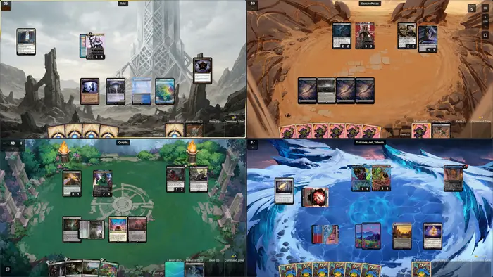 Captura de juego de EDHPlay con cuatro campos de juego digitales de Commander e imágenes de cartas